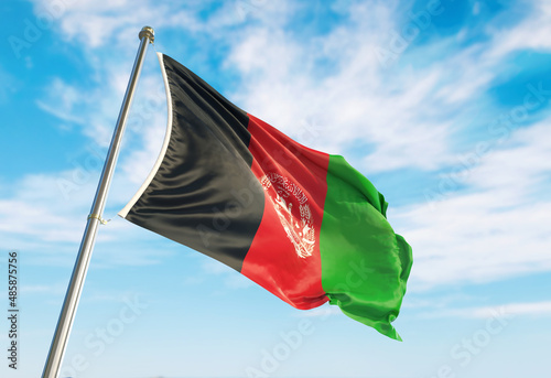 3d rendering Afghanistan flag waving in the wind on flagpole. Perspective wiev Afghanistan flag waving a blue cloudy sky