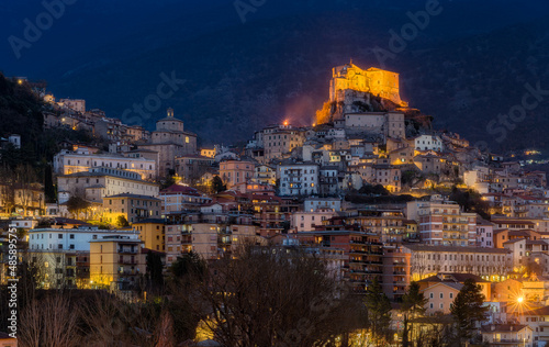 The beautiful town of Subiaco illuminated in the evening. Province of Rome, Lazio, Italy.