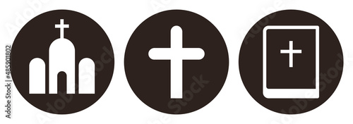 Church, Christian cross and Bible icon set