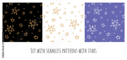 Set background with seamless patterns of stars on black and white and purple background