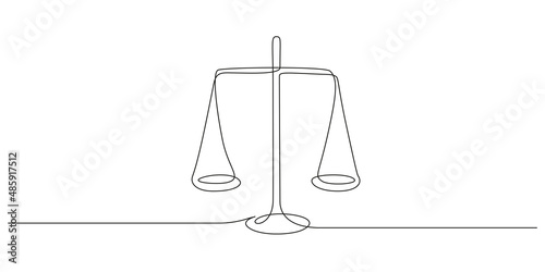 One continuous line drawing of law balance and scale of justice. Symbol and logo of equality and outline concept court in simple linear style. Libra icon. Doodle vector illustration
