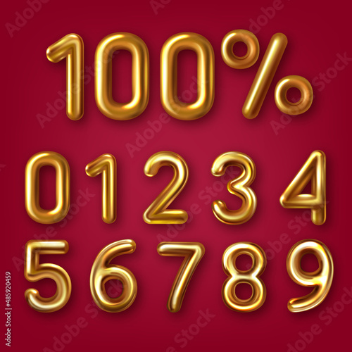 Set of 3d golden embossed numbers with percent sign on white background.