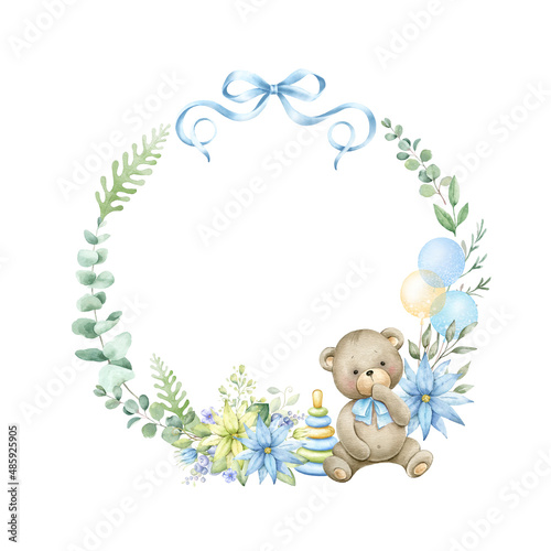 Floral frame with Teddy bear. Watercolor illustration for baby boy shower.