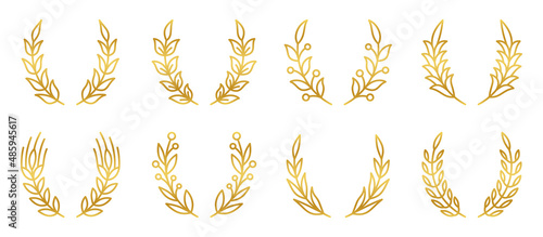 Gold branch wreath set. Label heraldic gerb element. Success award sign. Laurel spikelet circlet. Natural leafy object winner line kit. Plant pattern award success. Vintage badge circular shape frame