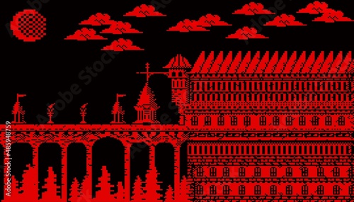 Pixel art of red castile and black background. black and red wallpaper