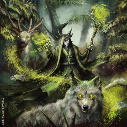 The forest druid uses nature magic to summon animals. digital drawing style, 2D illustration