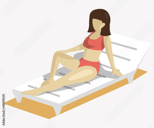 Lady taking sun bath sitting on beach having rest. Woman lying on chaise-longue isolated on white. Female in swimsuit enjoying sunbathing. Relaxed girl delighting calmness at resort alone in vacation