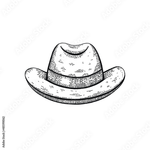Gentleman male outline fedora bowler hat. Vintage retro Ink line art. Cool sketch drawing with elegant pot. Isolated on white background