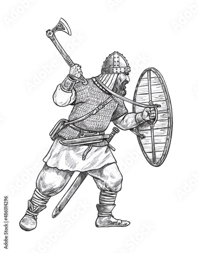 Viking with ax. Norman warrior in battle. Medieval knight illustration. 