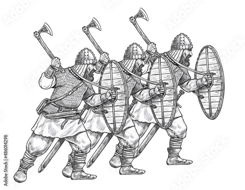Vikings attack. Norman warrior in battle. Medieval knight illustration. 