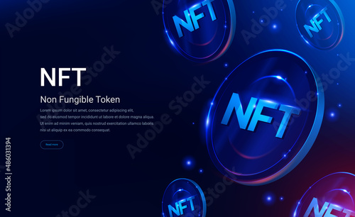 NFT nonfungible token illustration with red and blue glowing lights dark blue background. Vector cryptocurrency