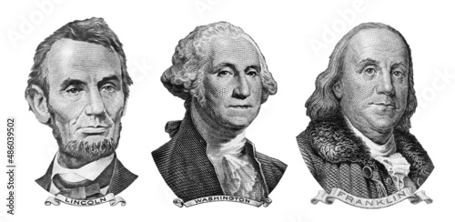 US presidents George Washington, Benjamin Franklin, Abraham Lincoln , portraits from US dollar bills isolated, United States money closeup