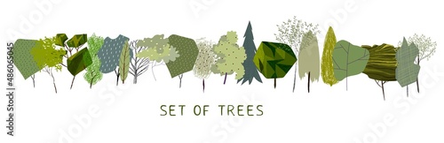 Trees set. Vector cute trees hand drawn. Diverse plant, for print, design, postcards, banners, posters