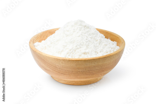 wooden bowl of starch on white