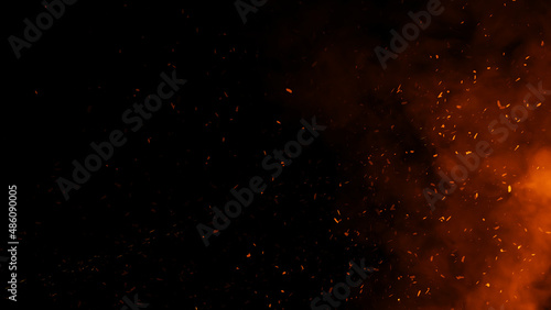 Fire embers particles texture overlays with smoke. Burn effect on isolated black background.
