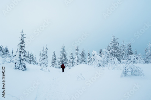 Lonely traveler walks along a snowy slope in a foggy frost shroud. Severe northern weather, poor visibility. Polar expedition.