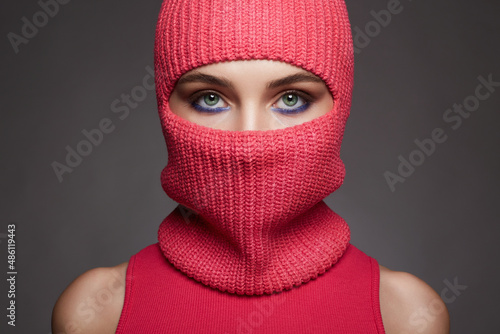 beautiful eyes of girl in red balaclava