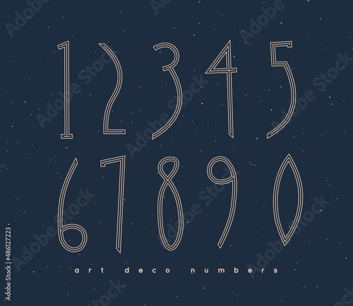 Set of art deco numbers drawing in vintage style on blue background