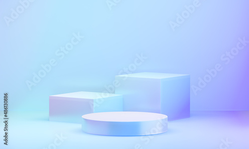 Two cube cylinder Hologram color podium display background with cloud clean wall in purple theme. 3D illustration rendering.