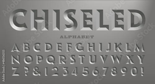 A bold sans serif alphabet with the 3d visual effect of being chiseled in stone. Good for gravestone or mausoleum lettering.