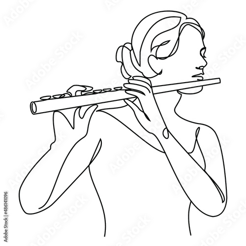 Silhouette of a beautiful woman with a flute in a modern continuous line style. Flute girl, slender. Continuous line drawing, decor aesthetic outline, posters, stickers, logo. Vector illustration.