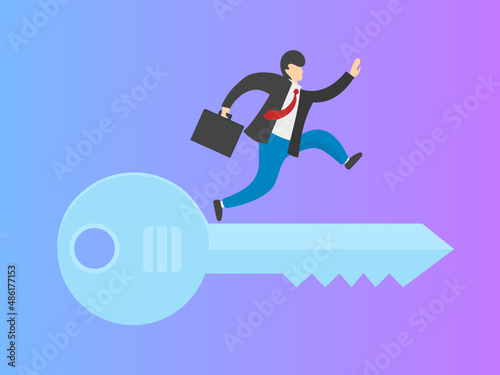 Man businessman runs along the key. The concept of the found solution to the problem, the elimination of the problem. Vector flat drawing.