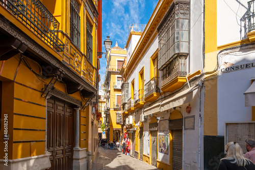 Typical Andalusian color and architecture on residential and commercial buildings in the colorful Barrio Santa Cruz district of Seville, Spain. 