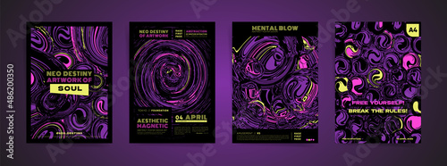 Dark space abstract template design with typography for poster, flyer, event brochure, placard, presentation or cover. Black, purple colors with hallucination paints print vector set.