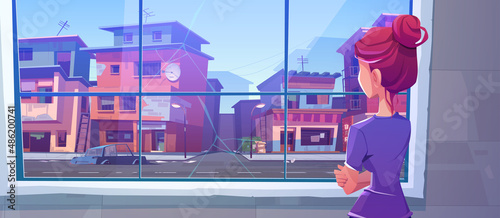 Lonely woman stand at cracked window rear view looking on ghetto street with old buildings and broken cars under blue sky, girl at home look on apocalypse cityscape, Cartoon vector illustration