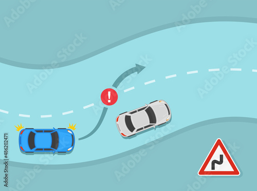 Driving a car. Safety driving and traffic regulating rules. Three or more curves in a row on the road ahead sign. Do not overtake on curves. Flat vector illustration template.