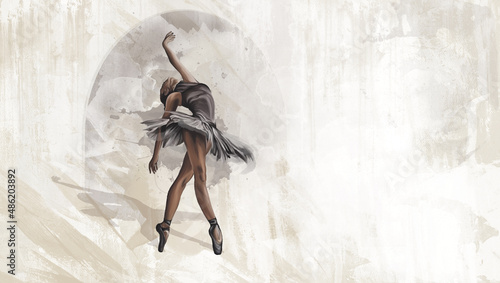 flare of an arch in a watercolor style in which a drawn ballerina is painted on a textured background, photo wallpaper for the interior