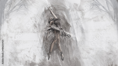 drawn ballerina in gothic columns on a textured background, photo wallpaper for the interior, art drawing