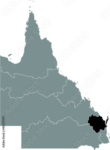 Black flat blank highlighted location map of the WIDE BAY–BURNETT REGION inside gray administrative map of regions of the Australian state of Queensland, Australia