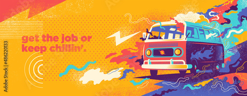 Colorful graffiti style abstraction with splashing shapes and retro van. Vector illustration.
