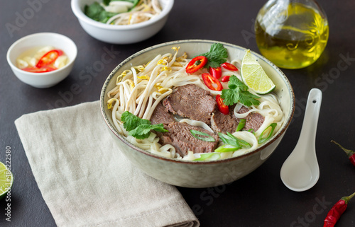 Pho Bo vietnamese soup with beef. Asian food. National cuisine.