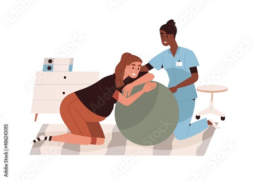 Midwife helping pregnant woman during labor, child birth at home. Obstetrician assisting in baby delivery on ball. Mom at childbirth preparation. Flat vector illustration isolated on white background