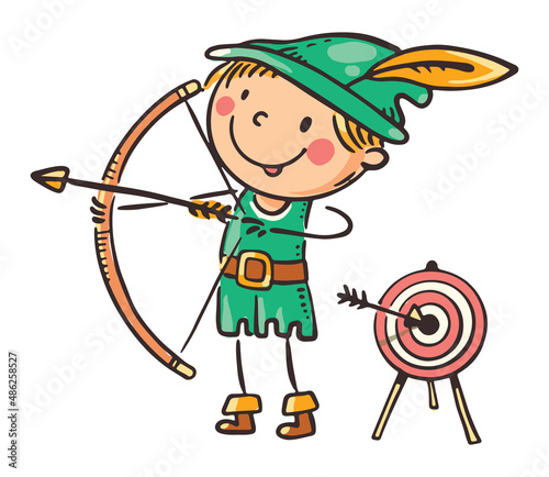 Child in costume of fairytale character like Robin Hood, cartoon clipart