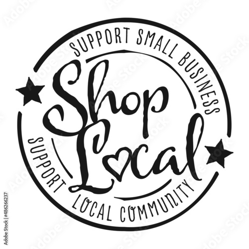 Shop local, buy local. Shop small business concept. Support local community. Hand drawn doodle badge, icon. Flat vector illustrations on white background.