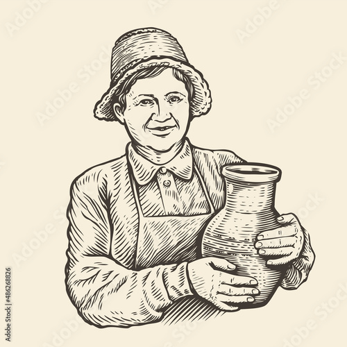 Happy elderly woman with jug of milk. Hand drawn sketch vintage vector illustration