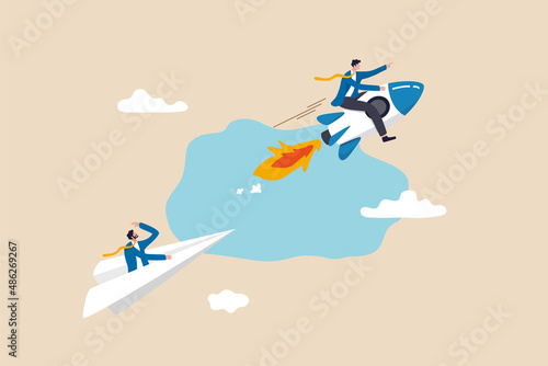 Leadership to win business competition, winner or competitive advantage to success in work, innovation and motivation concept, businessman riding fast rocket to win against other origami airplane.