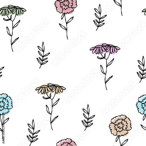 Hand drawn doodle abstract pastel blue pink yellow white seamless wallpaper flowers. Cute vector pattern for paper, fabric, book, bedroom, children.