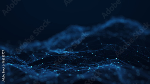 Abstract internet network technology concept of interconnected polygons with dark blue background. big data connection.