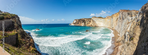 Panoramic view from the top of Chiaia di Luna beach in the Ponza island, Lazio, Italy. The beach is closed to tourists, due to falling rocks that killed several people. It can be admire from the sea