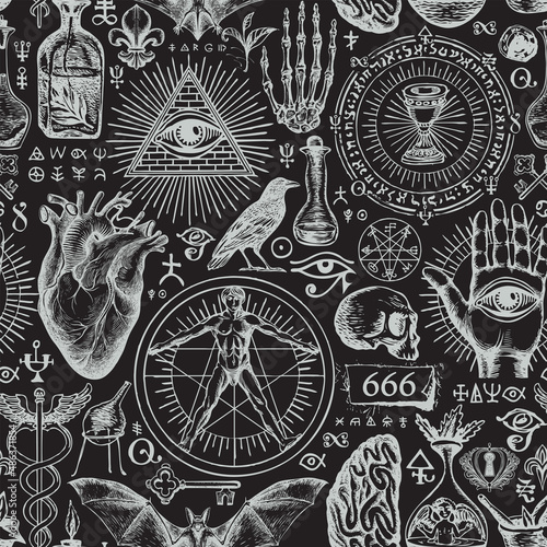 Abstract hand-drawn seamless pattern on a theme of occultism, satanism and witchcraft in vintage style. Monochrome vector background with ominous sketches. Chalk drawings on a black backdrop