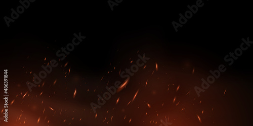 Vector fire effect with particles isolated on black background. Flame with sparks. Light effect