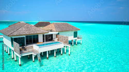 Beautiful view of Le Meridien Maldives Resort & Spa Overwater Villa and blue sky space