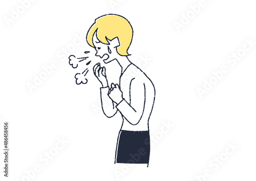 咳をしている女性 コミカルな手書きの人物イラスト ベクター線画にシンプルな色つけ 白バック