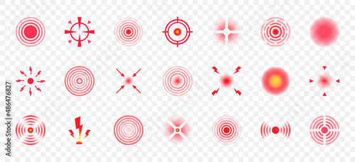 Red pain circles. Pain localization sign and pain pointings. Circles for marking human pain. Set of radar icons. Headache, toothache, marker of an injured body part, muscle pain in joints. Vector