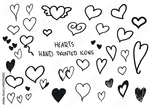 Hearts hand painted doodles, icons.