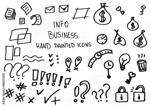 Info business hand painted doodles, icons. Watch, light bulb, clock, ask, lock, paper, lines.